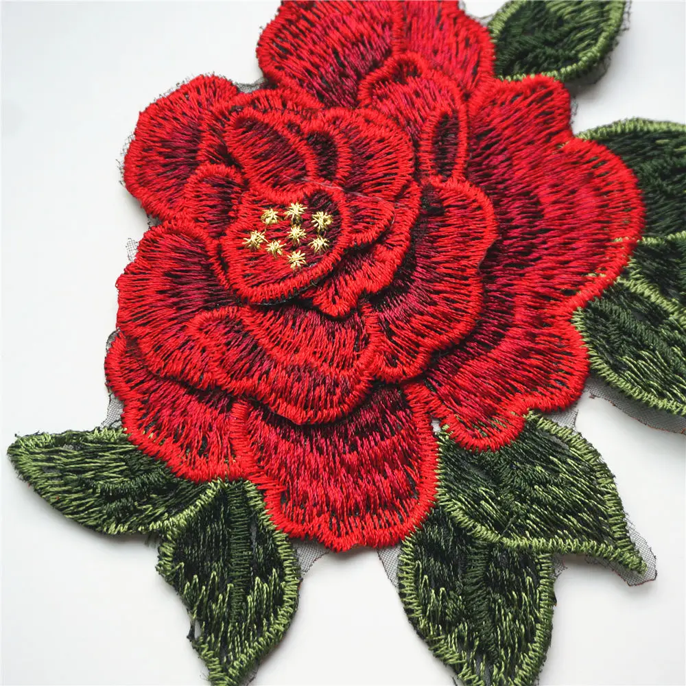 Red Rose Leaves 3D Flowers Embroidered Fabric Appliques Mesh Trimmings Sew On Patches For Wedding Bride Dress DIY Decoration | Дом и сад