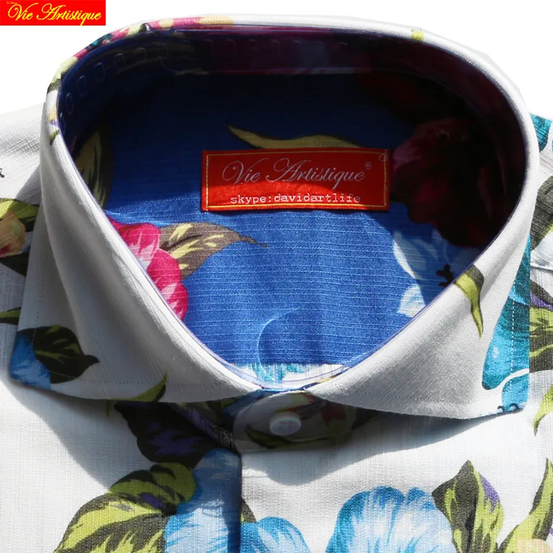 Рубашка мужская хлопковая с длинным рукавом белая приталенная цветочным принтом