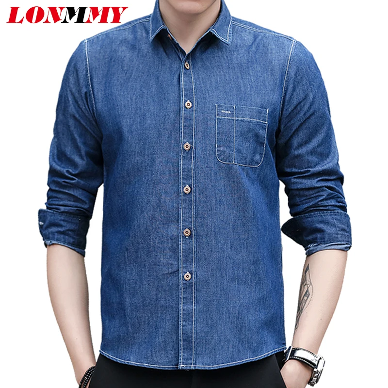 LONMMY 4XL Denim shirt male long sleeves men dress Cotton cowboy blouses Jeans casual slim fit 100% cotton 2018 Spring | Мужская одежда