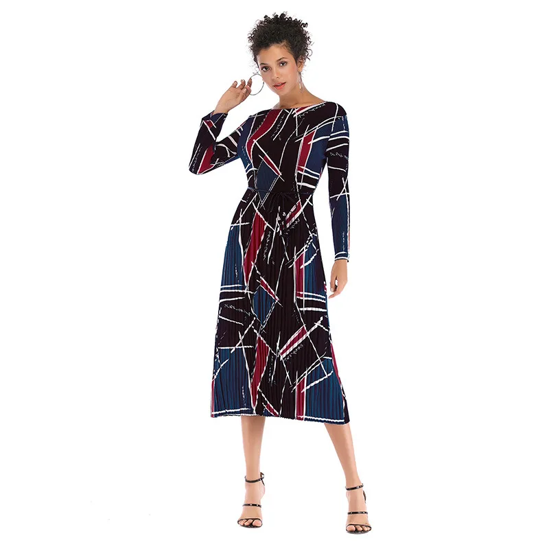 Euro-American Geometric Printing Design Fashion Collision Long Sleeve Pleated Chiffon Dress