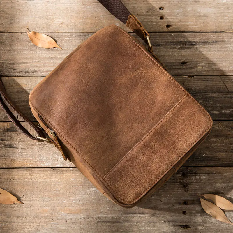 Handmade Genuine Crazy Horse Leather For Men Shoulder Bag Retro Vertical Messenger Bags Leisure Man Male Crossbody Sling |