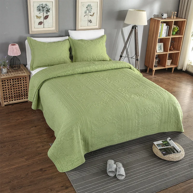 

Quality Bedspread Quilt Set 3PCS Cotton Quilts Embroidered Quilted Bedding Bed Cover Sheets King Queen Size Green Coverlets