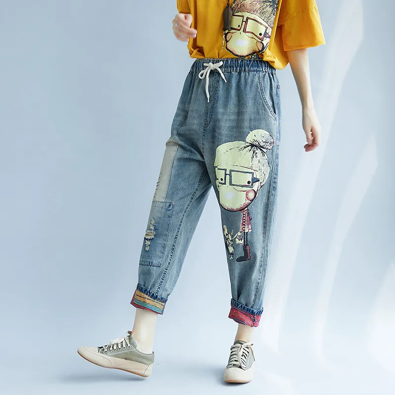 

Women's Jeans 2019 Autumn New High Waist Elastic Band Jeans Cartoon Patch Harem Denim Pants Holes Casual Loose Trousers R270