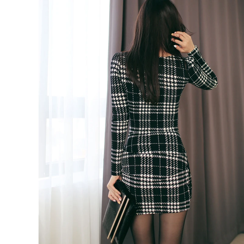 Sexy Vintage Plaid Dresses 2019 Spring Women Long Sleeve Bodycon Office Business Work Dress Club Party Pencil YH129 | Женская одежда