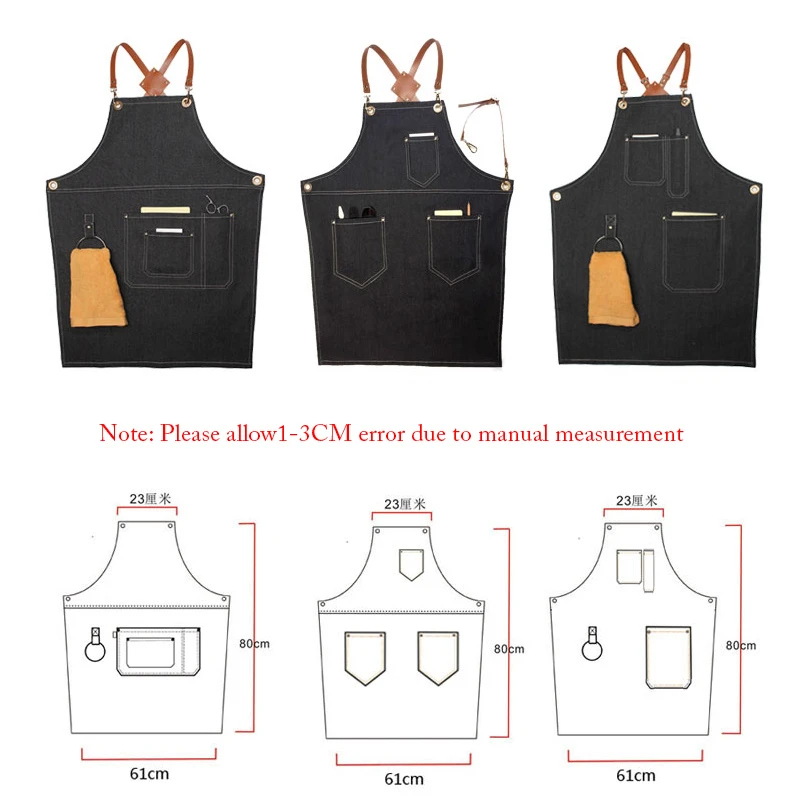 

Denim Apron Adjustable Leather Unisex Hanging Neck Kitchen Cooking Apron Cafe Bakery Shop Barber Shop Bar Waiter Work Pinafore