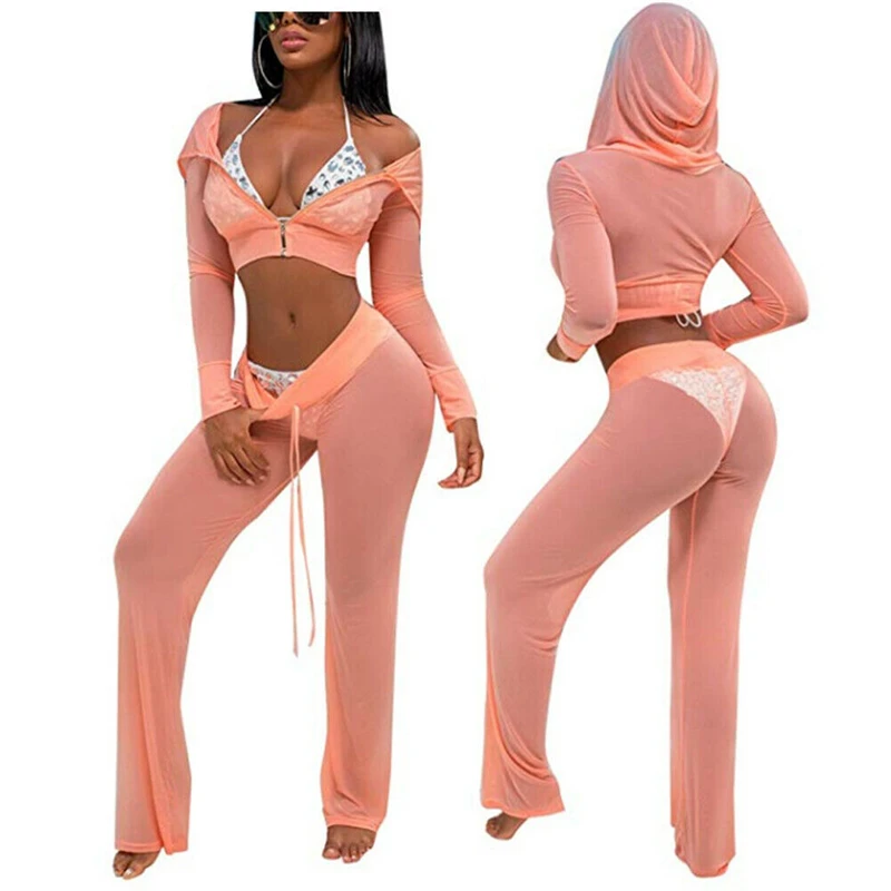 

Sexy Women Beach Wear Summer Mesh Sheer Bikini Cover Up Long Sleeve Hooded Crop Top Pants Clothes Set Swimwear Beach Cover Up
