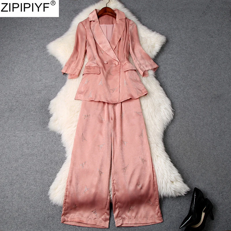 Летние Для женщин брючный костюм уличная Стиль ПР двубортный Блейзер и широкие