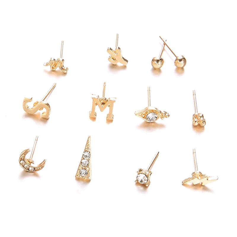 12 Pcs/Set Fashion Moon Letter Lightning Cactus Geometric Crystal Stud Earring Women Charm Gold Earrings Set Combination | Украшения и