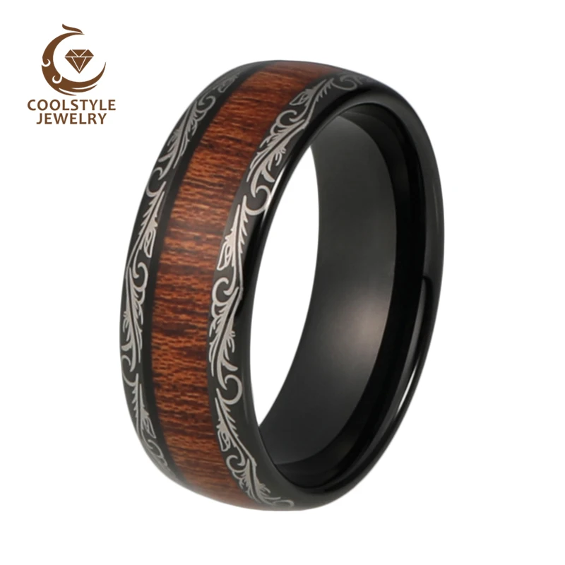 Мужское обручальное кольцо 8 мм из черного вольфрама деревянный декор зернистая