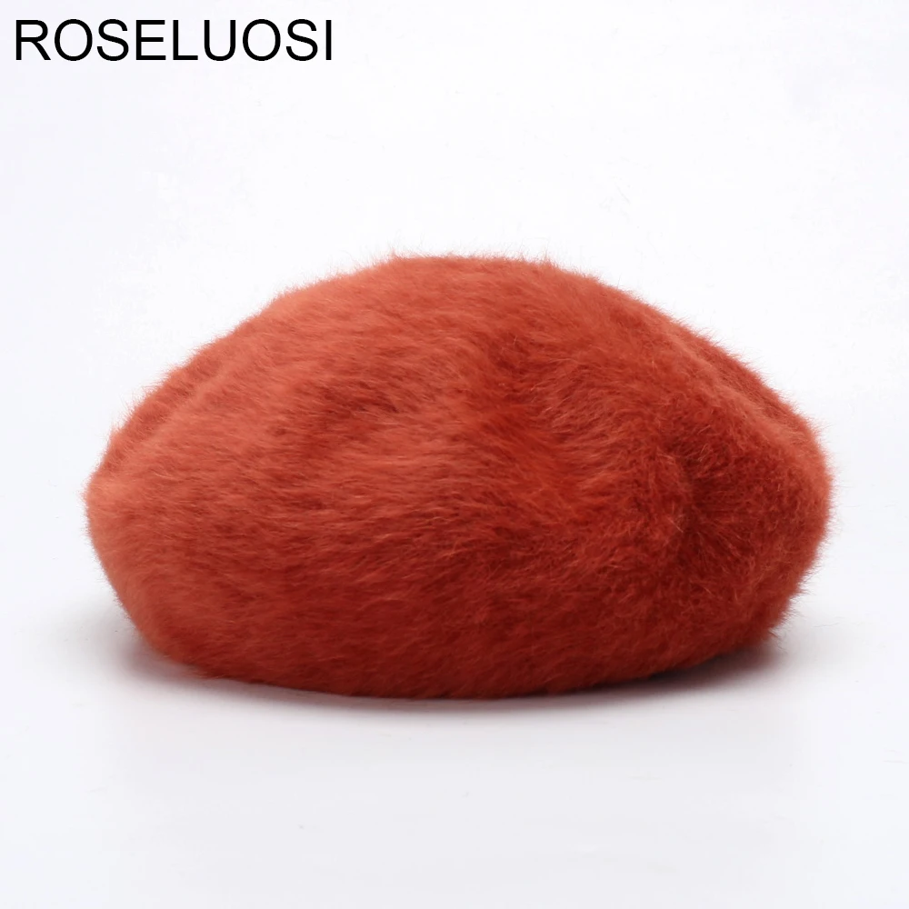 Женский берет с кроличьим мехом ROSELUOSI однотонный теплый вязаный на осень и зиму |