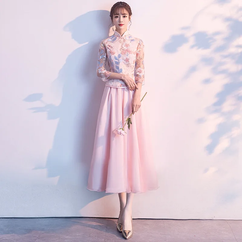 Style 4 Китайский Подружка невесты, сестра юбка платье розовое длинное классическое китайское вечернее платье Чонсам китайское платье Qipao Размеры S-XXL - Цвет: Style 4