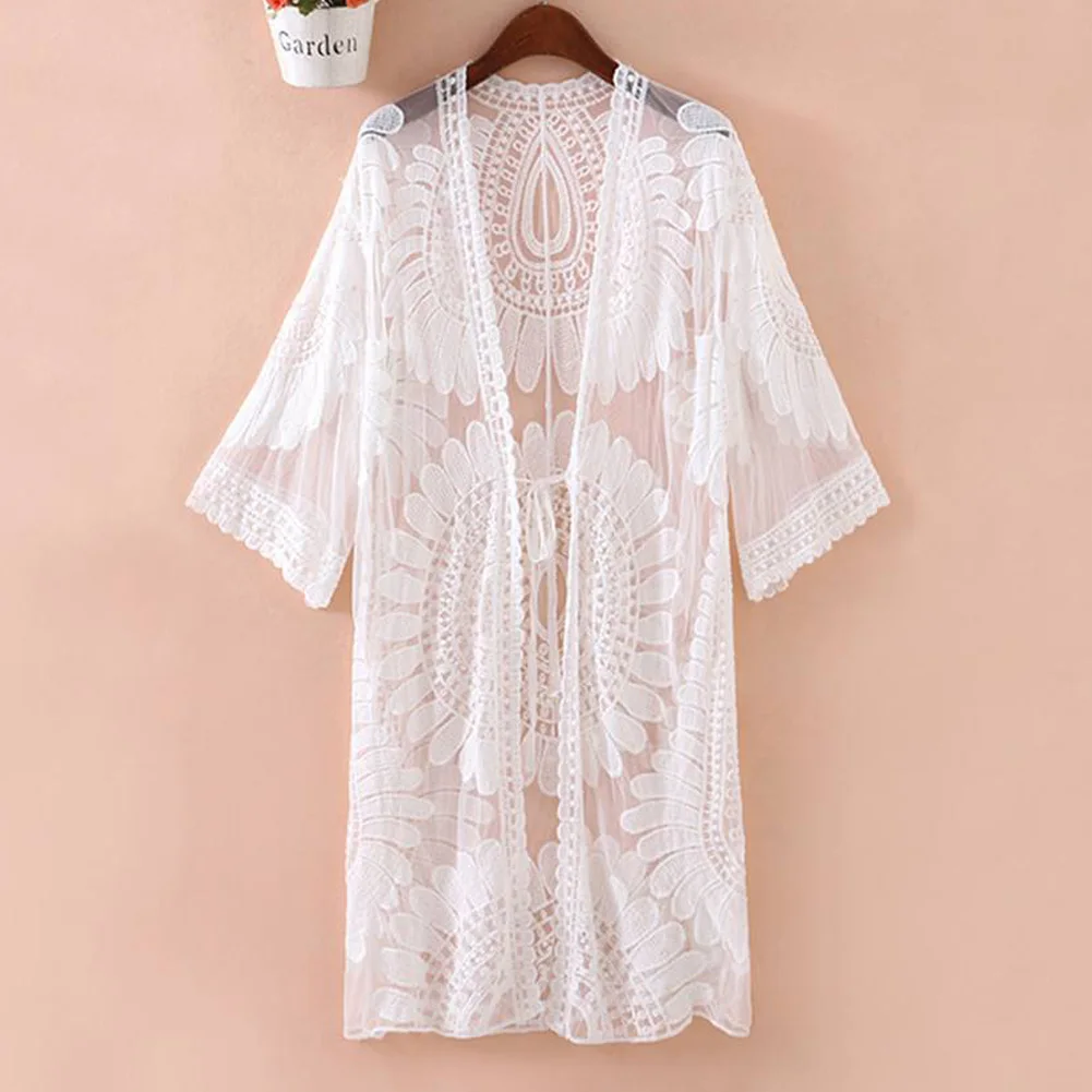 Женский пляжный кардиган Boho белый кружевной свободный с рукавом летучая мышь
