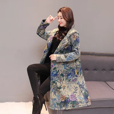

Winter new cotton and linen women's plus velvet thick retro national wind loose hooded cotton coat women Windbreaker coat