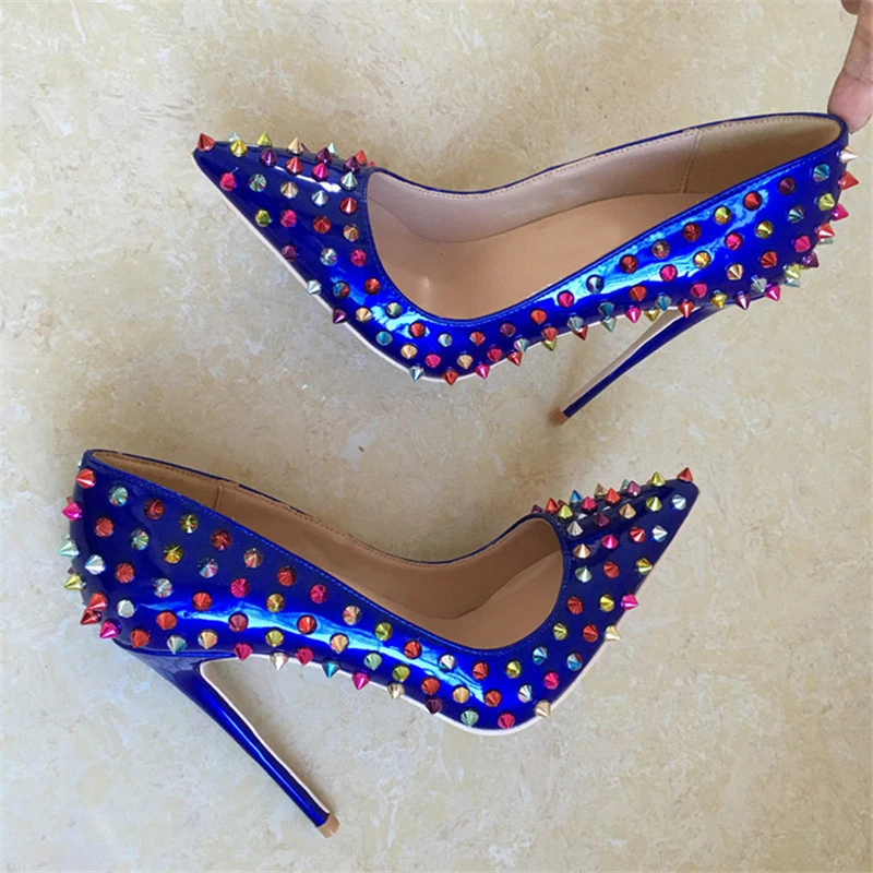 

free shipping women spikes blue Patent leather Poined Toe Stiletto high heel pump HIGH-HEELED SHOES Wedding Shoes 12cm 10cm