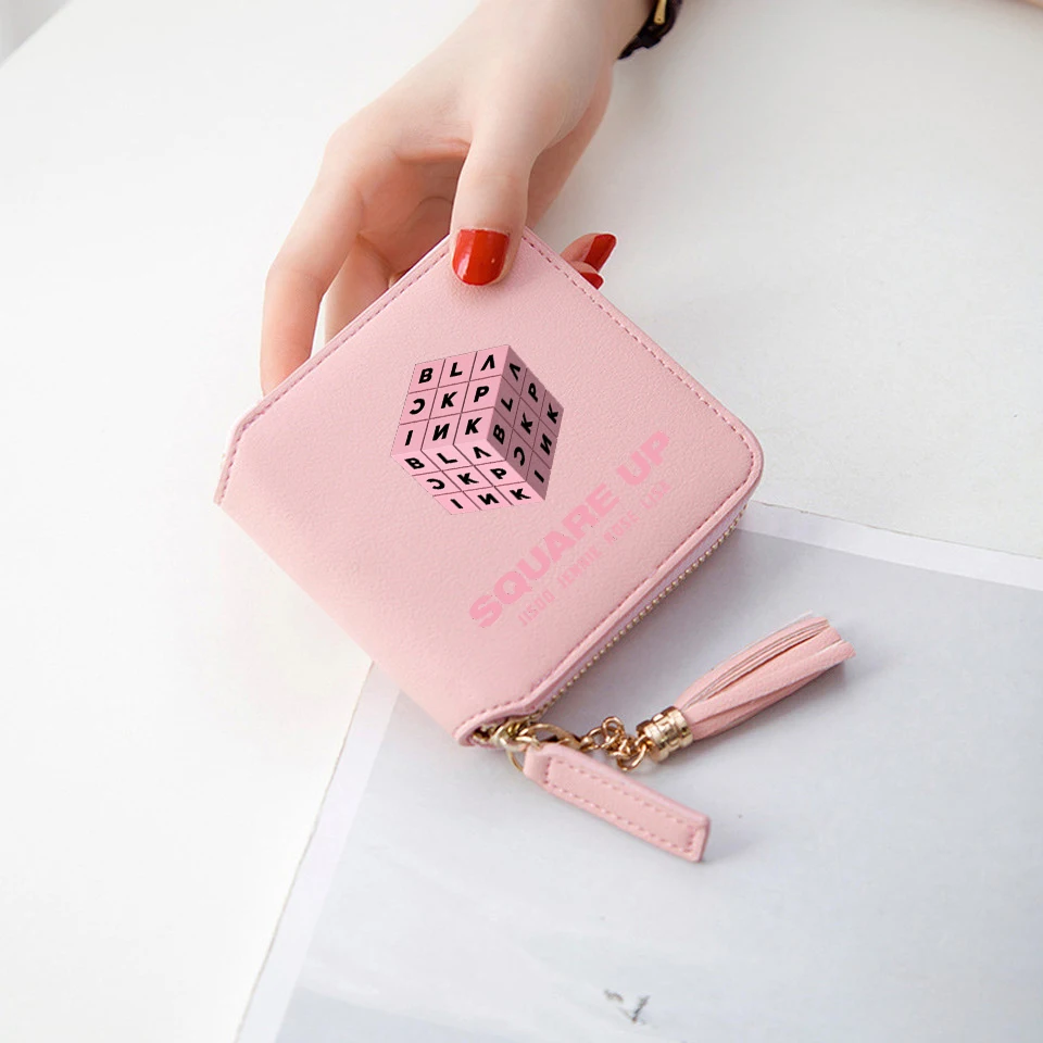 pink Черный розовый квадратный кошелек черный розовый альбом с кисточками кошелек из искусственной кожи Kpop короткий кошелек на молнии Стильный 3D кошелек для карт - Цвет: pink