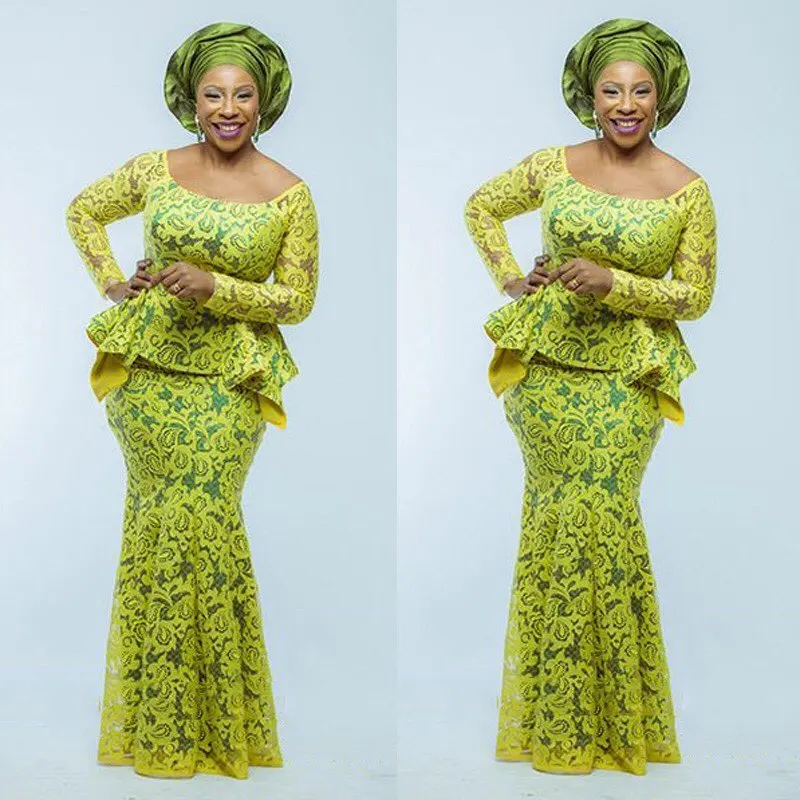 Лимонно желтый Aso Ebi кружево Бальные платья русалки с длинными рукавами собирается длинное платье для выпускного квадратный воротник Африканский торжественное платье