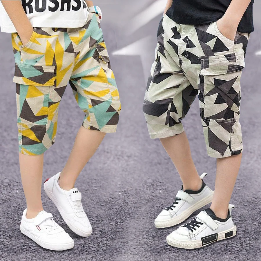 Camouflage Boy Shorts Teenager Summer Casual Mid Waist Cotton Bottom Children Geometric Short Pant Kids Trousers 4Y-14Y