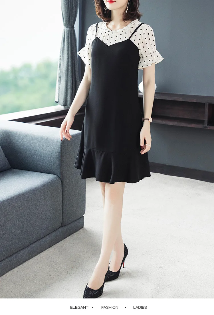2019Summer elegant sweet dot fake two midi Dress contrast color juniors A-line petal sleeves casual vestidos plus size 5XL | Женская