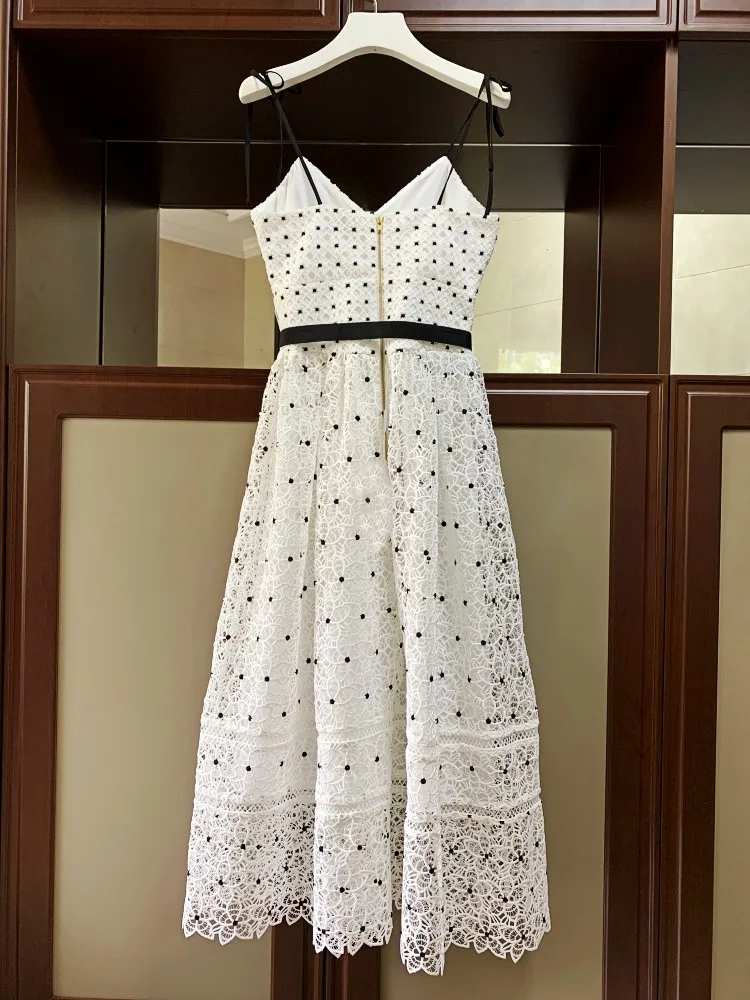 High Quality Self Portrait Dress 2019 Women Sexy V-neck Spaghetti Strap Pleated Long White Polka Dot Hollow Out Lace | Женская одежда