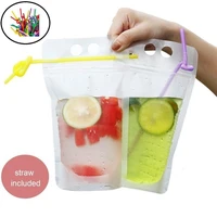 50pcs disposable 500ml juice coffee liquid bag vertical zipper seal drink bag clear drink pouches with straw party tableware