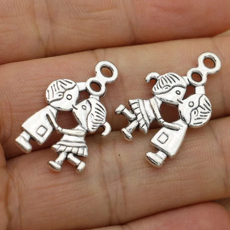 KJjewel Tibetan Silver Plated Boy Girl Charms Pendants for Necklace Bracelets Jewelry Making Findings DIY Accessories 28x17mm | Украшения и