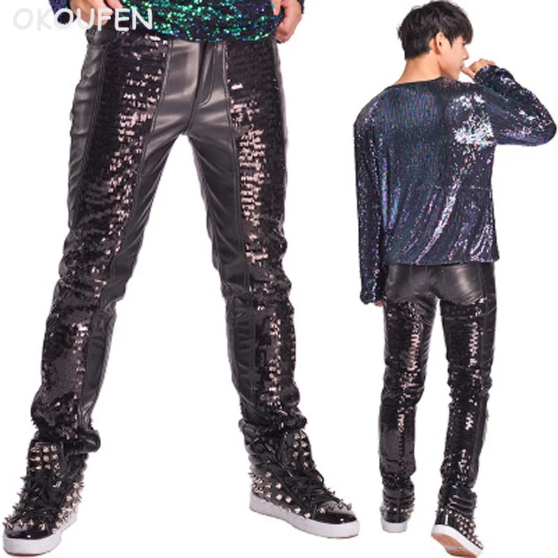 Punk style Men's Leather Pants Black Sequins Slim Pants nightclub singer dj stage perforance trousers