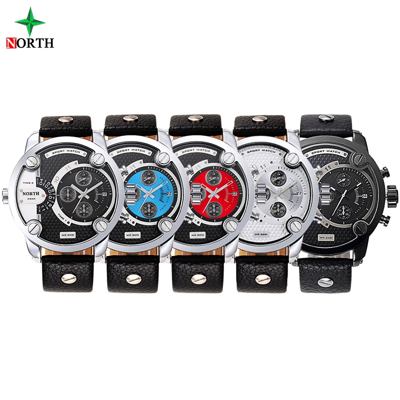 Для мужчин спортивные часы кварцевые военные Элитный бренд кожа Oversize Dual Time Часы 30