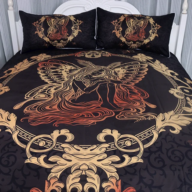 BlessLiving Fairy Butterfly Girl Mirror Bedding Set 3 Piece Gold Paisley Duvet Cover Set Girly Bedspreads Chic Black Bed Cover 2