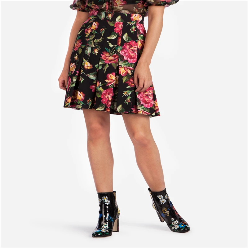 

Индивидуальная Осенняя модная женская юбка А-силуэта с цветочным принтом розы, Женская юбка выше колена с цветочной завышенной талией, плис...