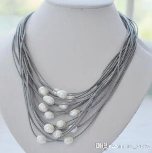 

New fashion 11-13mm white black gray rice pearl gray/black leather necklace