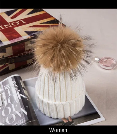 Женская детская зимняя шапка из натурального меха, детские вязаные шапки для маленьких мальчиков и девочек, плотная теплая шапка с помпоном Clj003 - Цвет: women white