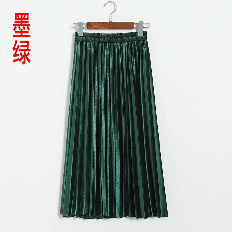 Dark green Осенняя и зимняя Золотая Бархатная юбка, новая дикая Золотая Бархатная плиссированная юбка, металлическая цветная длинная юбка для женщин - Цвет: Dark green