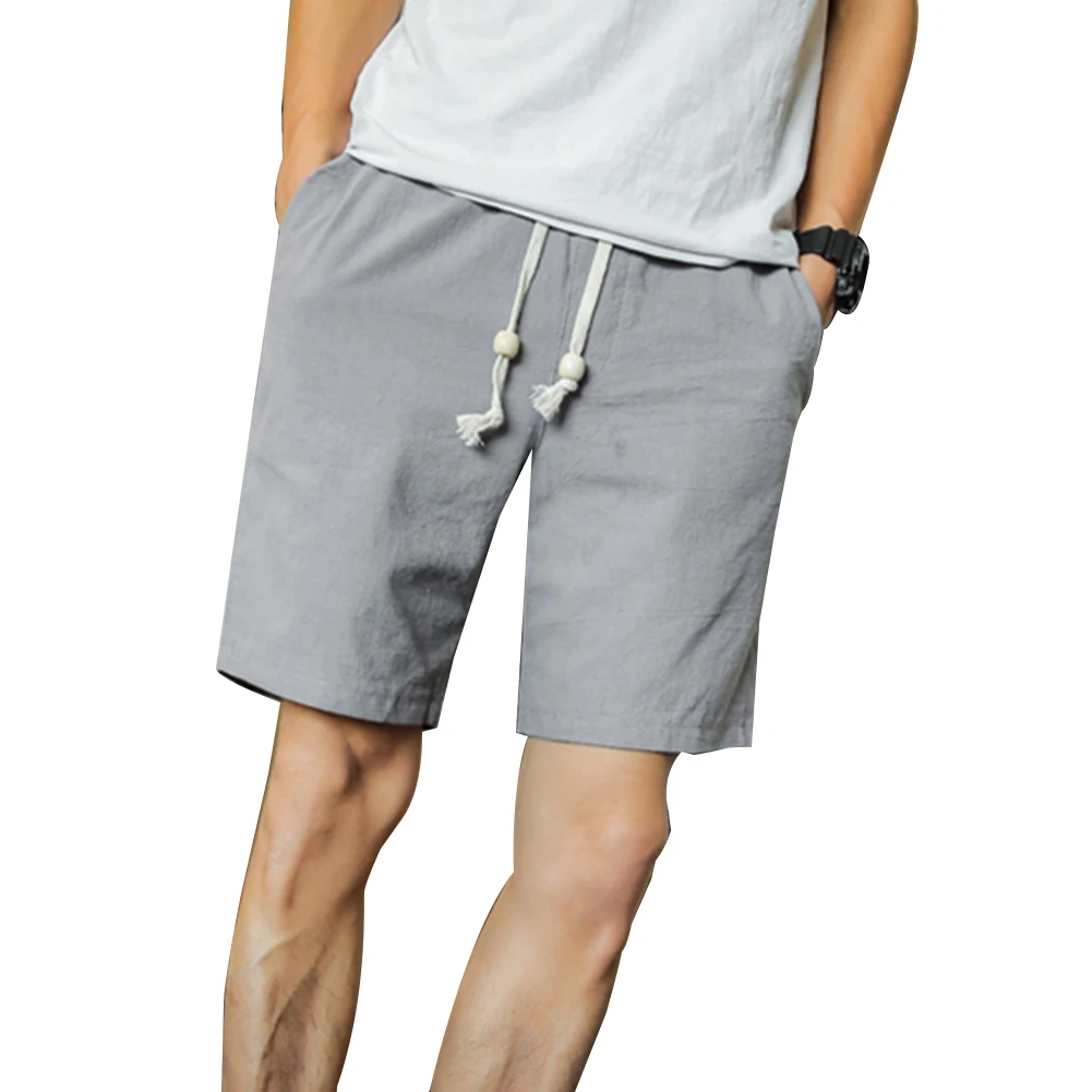 

New Solid Color Linen Shorts Summer Men Beach Surfing Sports Drawstring Fifth Pants