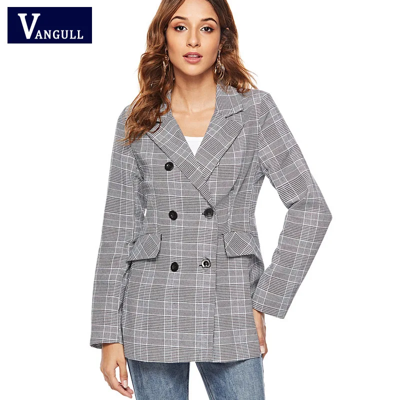 Vangull женский клетчатый Блейзер сезон весна осень длинный рукав двубортный тонкий