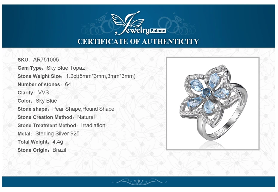 Jewelrypalace цветок 1.5ct Природный Голубой топаз коктейльное кольцо стерлингового