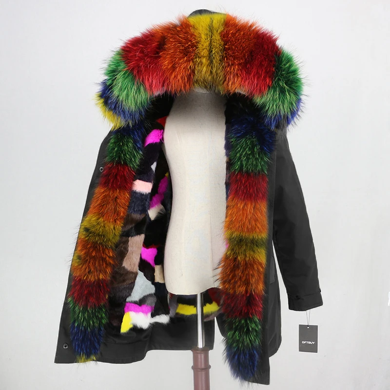 black multi multi OFTBUY, водонепроницаемая длинная парка, верхняя одежда, настоящая норковая шуба, зимняя куртка для женщин, воротник из натурального меха енота, роскошная теплая уличная одежда - Цвет: black multi multi