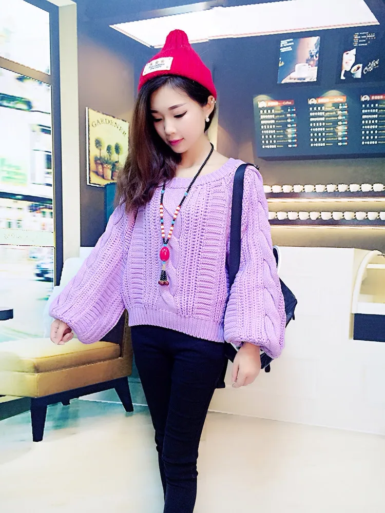 2019 Autumn New Women's Knitting Pullovers Sweater Candy Color Twist Lantern Sleeve O-neck Short Casual Fashion Tops T97620D | Женская