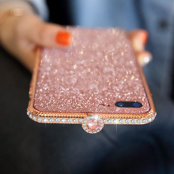 Pink Стразы-бампер для iPhone XS X 6 6s 7 8 Plus, блестящий металлический чехол с бриллиантами, чехол+ Защитная пленка на заднюю панель - Цвет: Pink