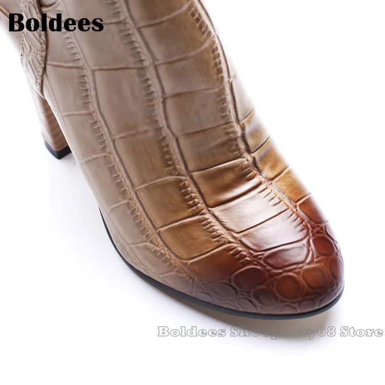 Laddiator Zapatos Mujer 10cm Heeled Alligator Pattern Round Toe Belt Buckle Winter Knee High Boots For Women
