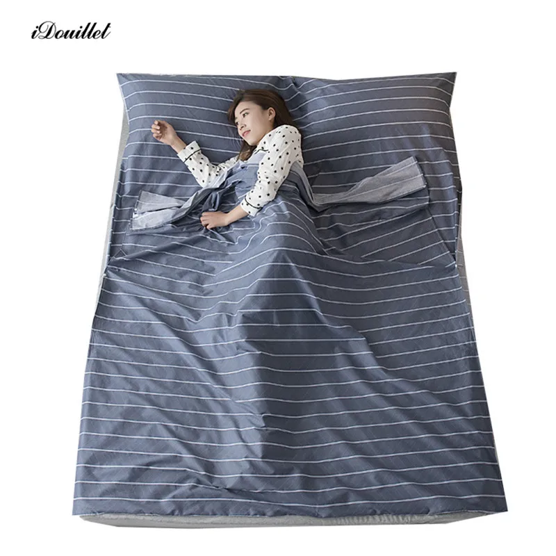 iDouillet Blue Stripes Print Cotton Bed Sheet with Build-in Pillowcover for Travel Camping Hostel Portable Sleeping Bag Liner | Дом и сад