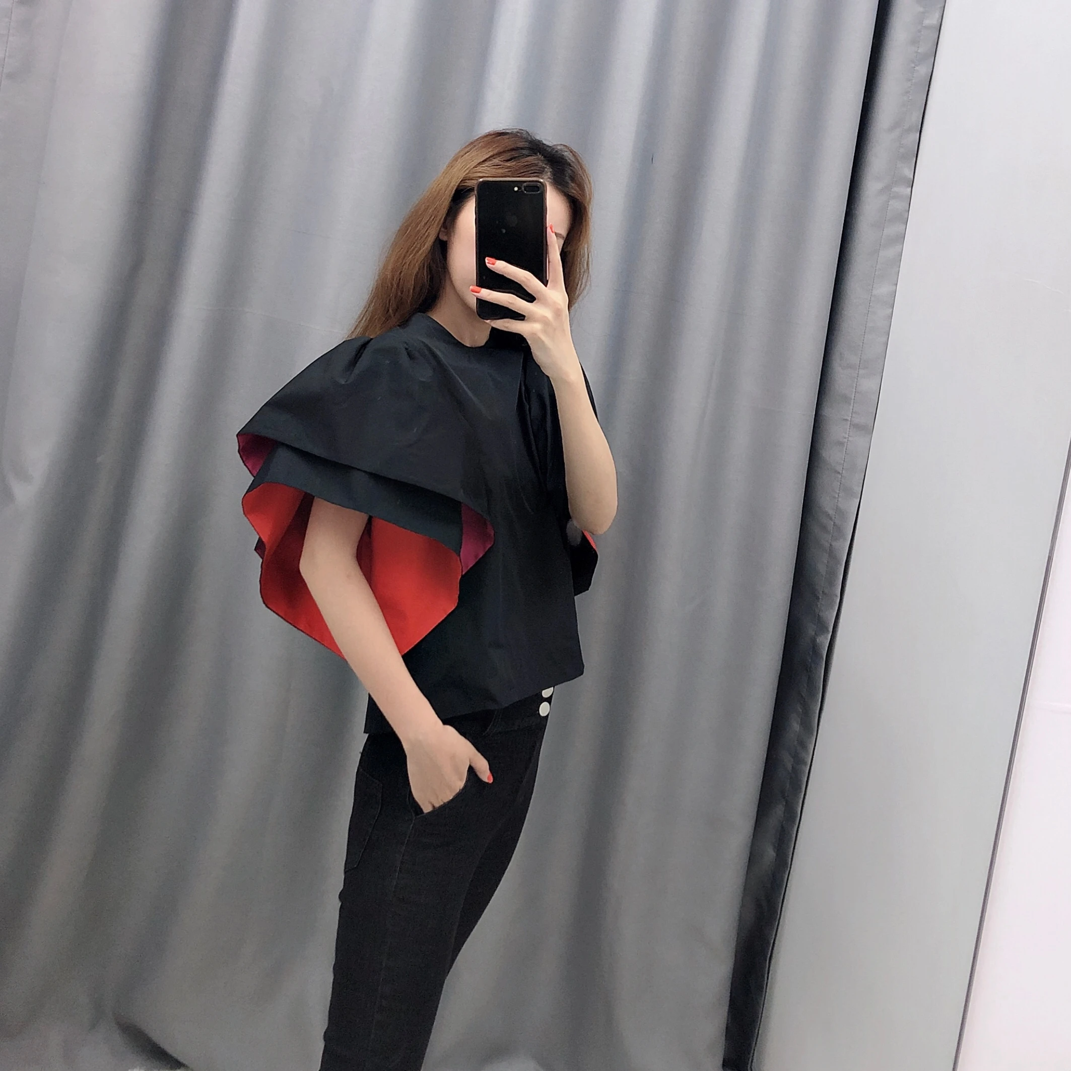 Summer New Women Blouses Black Puff Sleeve O-Neck Short Spliced Colour Collision Personality Loose Fashion Pullover Shirt