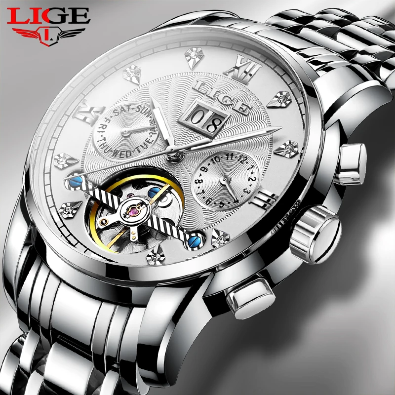 LIGE 2019 Новые автоматические часы Tourbillon серебряные деловые мужские механические