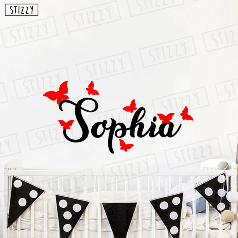 Design 4 Настенная Наклейка stizzy Kids Butterfly, персонализированные наклейки на стену с именем для маленьких девочек, декор для спальни, индивидуальный дизайн, Настенная роспись для дома DIYC645 - Цвет: Design 4