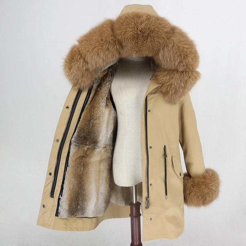 brown camel OFTBUY Long Waterproof Parka Real Fur Coat Natural Fur Collar Hood Winter Jacket Women Rabbit Fur Liner Thick Warm Detachable - Цвет: brown camel
