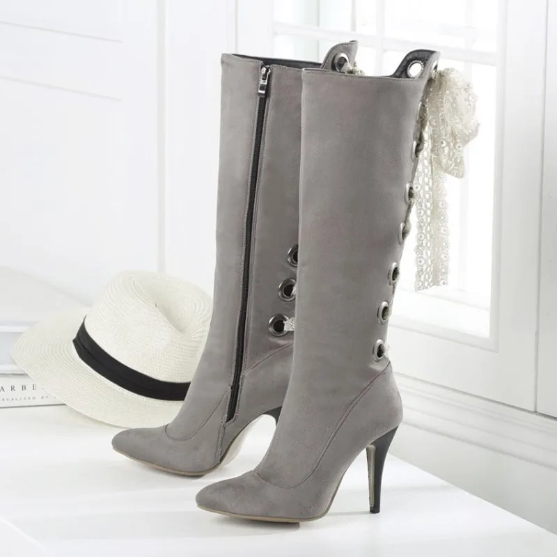 

Winter Women Knee-High Half Boots Plus Size Shoes Flock Fleeces Keep Warm Insole High Thin Heels Solid Riband Lace Pointed Toe