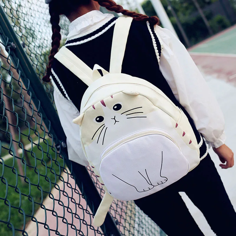 Lovely Cat Printing Backpack Women Canvas School For Teenagers Ladies Casual Cute Rucksack Bookbags(Creamy-White) | Багаж и сумки