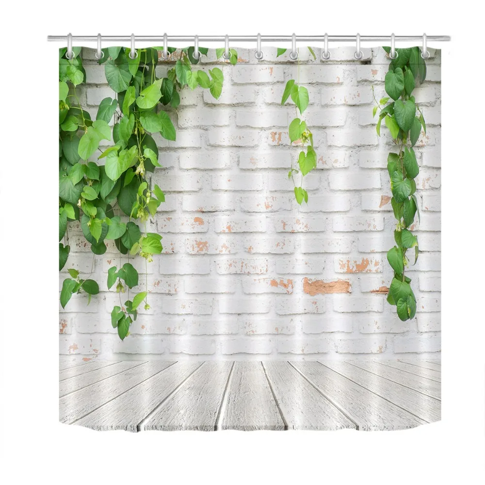 

Green Plant Leaves White Brick Wall And Wooden Floor Shower Curtains Bathroom Curtain Waterproof Fabric For Art Bathtub Decor