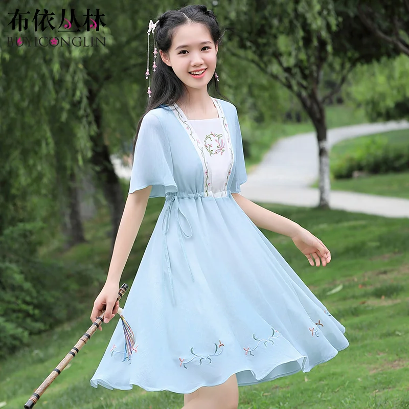 Костюм в китайском стиле улучшенное платье Hanfu для девочек летнее с цветком вишни