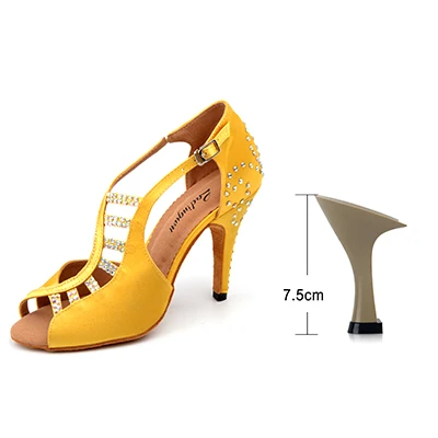 Yellow 7.5cm Новинка; обувь для латинских танцев; женская обувь для сальсы; цвет желтый, черный; уникальный дизайн; атласная Обувь для бальных танцев; стразы; обувь для танго - Цвет: Yellow 7.5cm