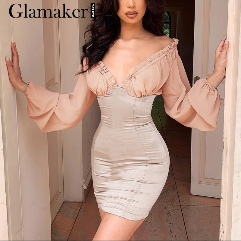 Женское платье-мини Glamaker вечернее платье с длинным рукавом и треугольным вырезом